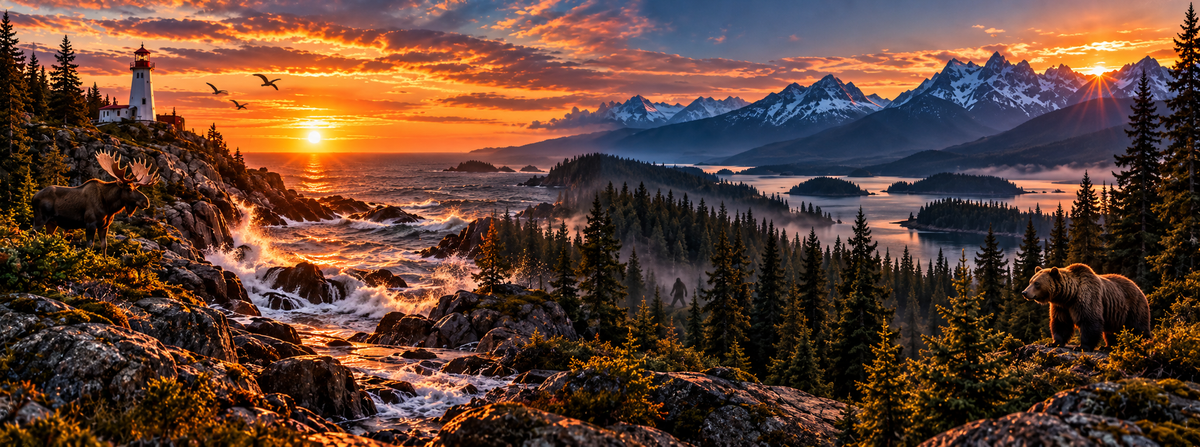 Coast-to-coast Canadian wilderness at sunset, with an eastern moose, western grizzly and a subtle Sasquatch between the trees.